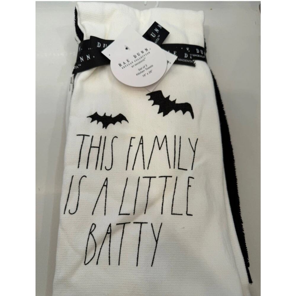 RAE DUNN Set of 2 Halloween Bats Kitchen Towels - THIS FAMILY IS A LITTLE BATTY